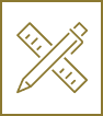 A simple gold icon showing a pencil and ruler crossed, outlined in gold on a white background with a gold border.