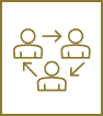 A simple icon of three outlined human figures in a triangle, linked by arrows pointing to one another, symbolizing collaboration.