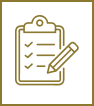 Outline of a clipboard with checklist and pencil, symbolizing tasks or to-do lists in gold on white background with gold border.