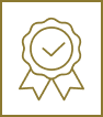 A simple gold outline of an award ribbon with a checkmark in the center, symbolizing certification, on a white background with gold border.