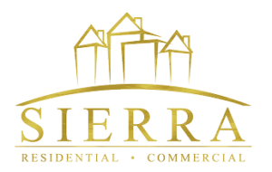 Logo for SIERRA featuring gold outlines of three houses above a curved line. Below, SIERRA in large letters, RESIDENTIAL • COMMERCIAL in smaller letters.