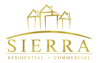 Logo for SIERRA featuring gold outlines of three houses above a curved line. Below, SIERRA in large letters, RESIDENTIAL • COMMERCIAL in smaller letters.